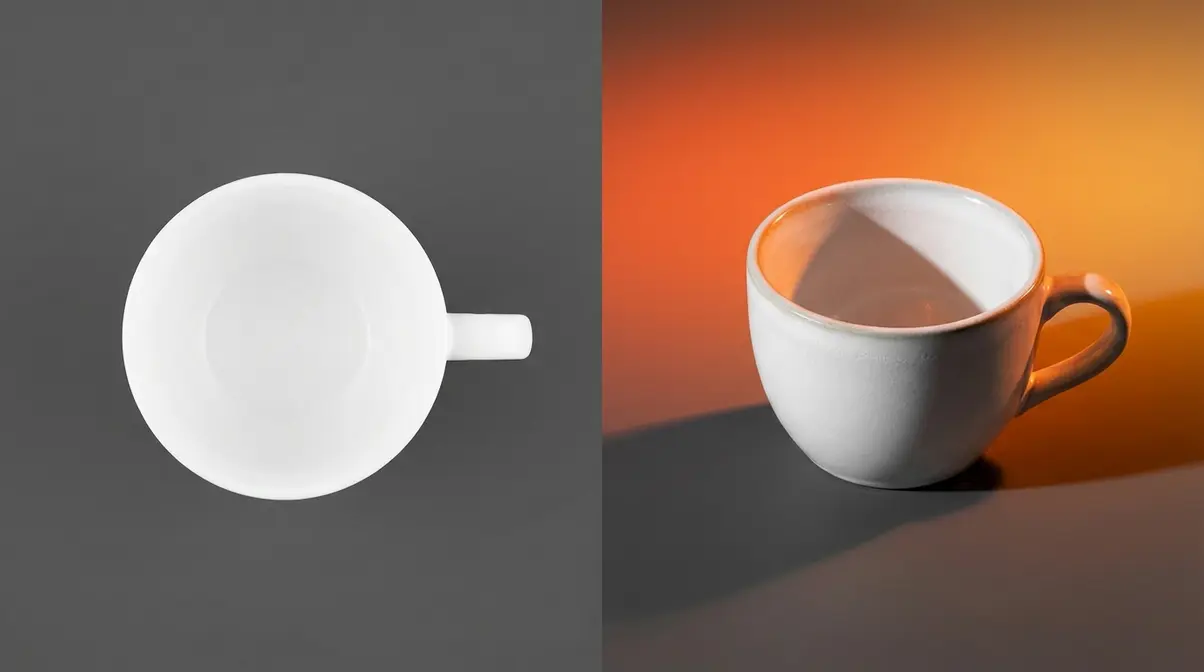 Still life lighting comparison showing flat overhead light versus sidelighting at 90 degrees revealing ceramic cup texture and depth