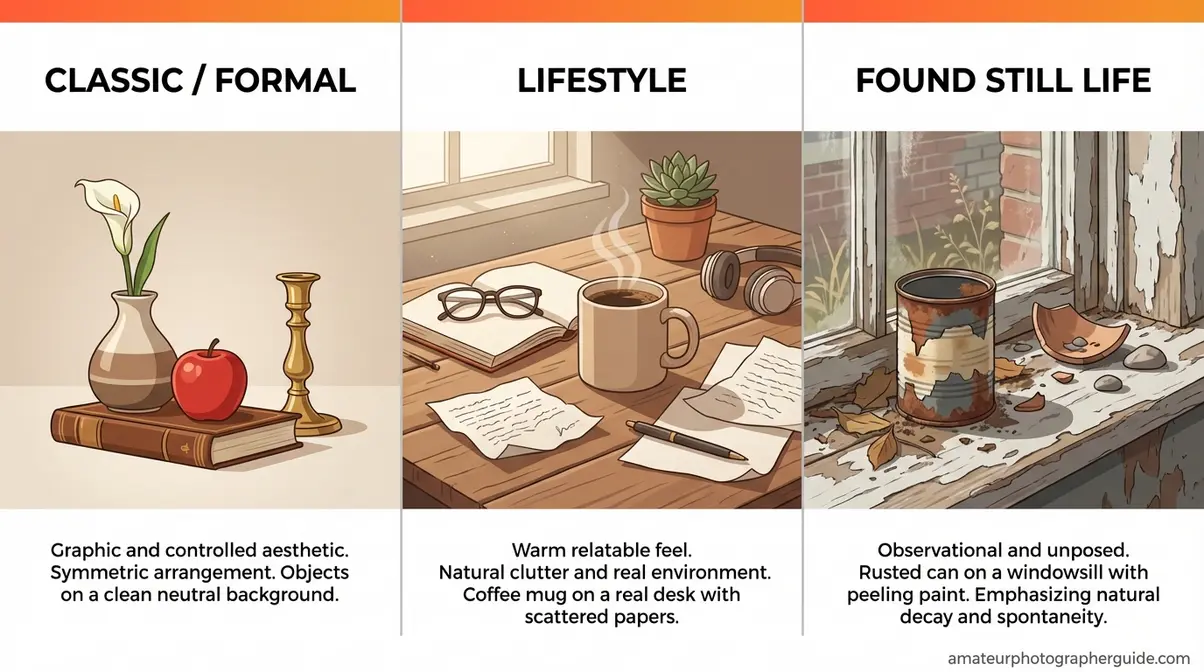 Infographic comparing classic formal, lifestyle, and found still life photography arrangements side by side