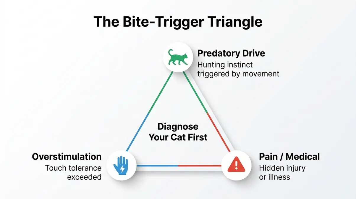 Bite-Trigger Triangle diagram showing predatory drive, overstimulation, and pain as the three root causes of cat biting