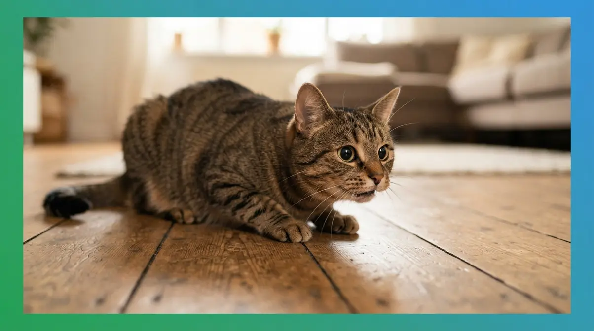 Cat in stalking posture with dilated pupils showing predatory drive behavior before biting