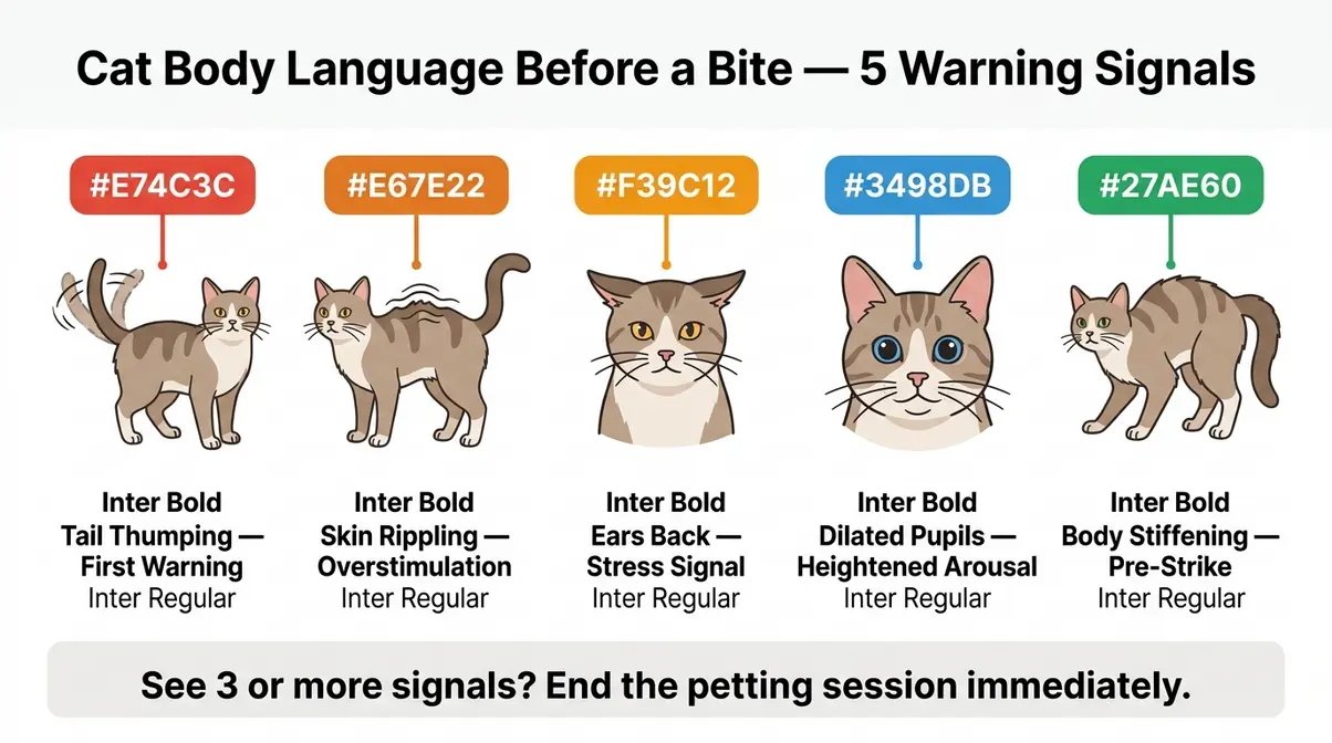 Infographic showing five cat body language warning signals before a bite including tail thumping, ears back, and dilated pupils
