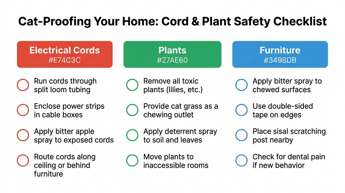 Cat-proofing home safety checklist for stopping cats from biting cords, plants, and furniture