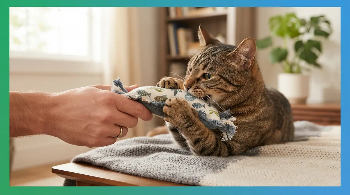 Cat redirected from biting a hand to gripping a kicker toy using the Freeze-and-Redirect method