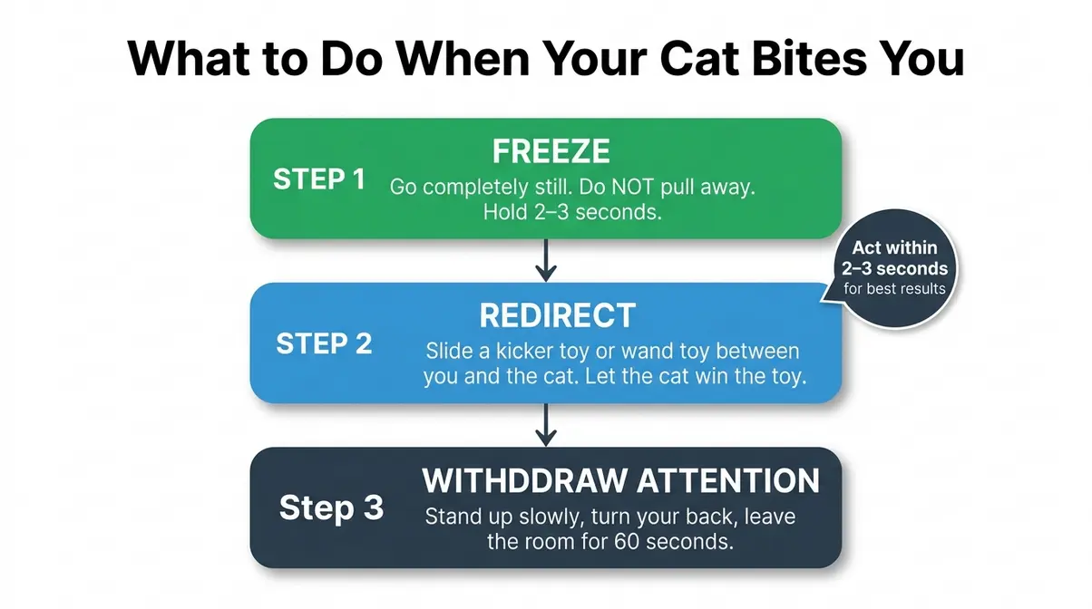 Flowchart showing three steps to stop cat biting: freeze, redirect with toy, and withdraw attention