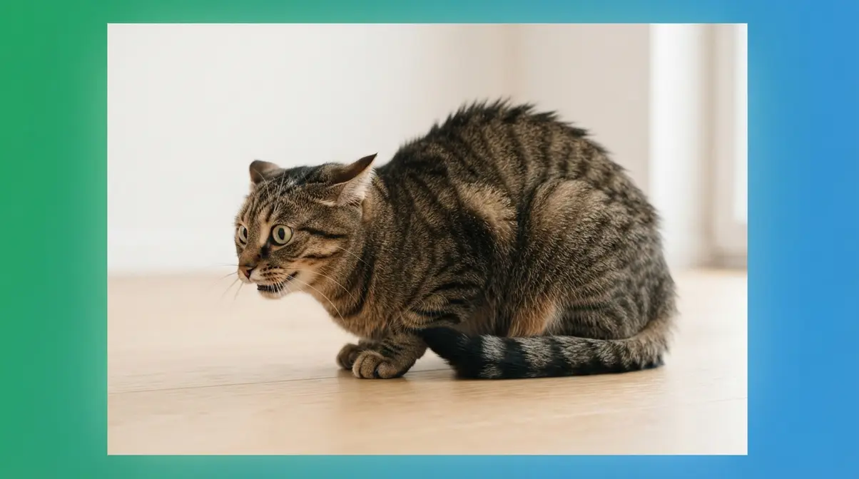 Cat showing defensive body language with flattened ears and raised fur signaling fear-based aggression