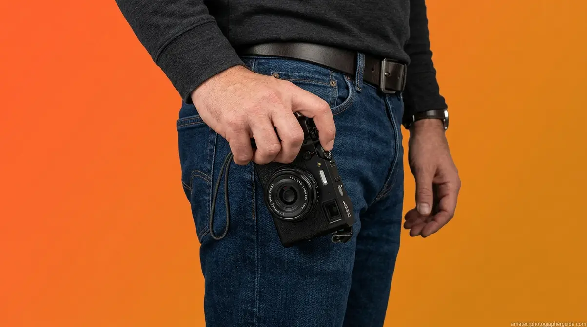 Photographer using the shoot from the hip technique to capture candid street moments