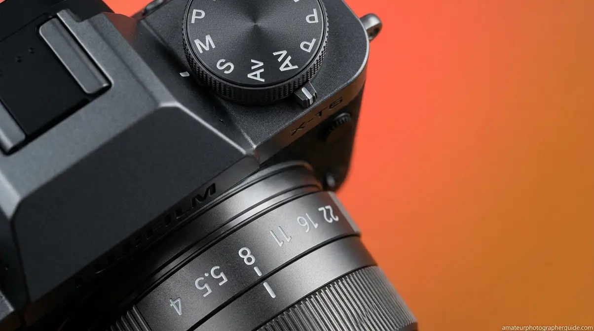 Camera dial set to Aperture Priority mode and f/8 for street photography