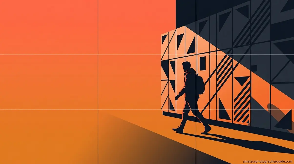 Creative street photography composition using strong diagonal shadows and a human silhouette