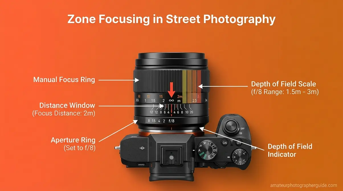 Camera lens distance scale set to two meters for zone focusing technique