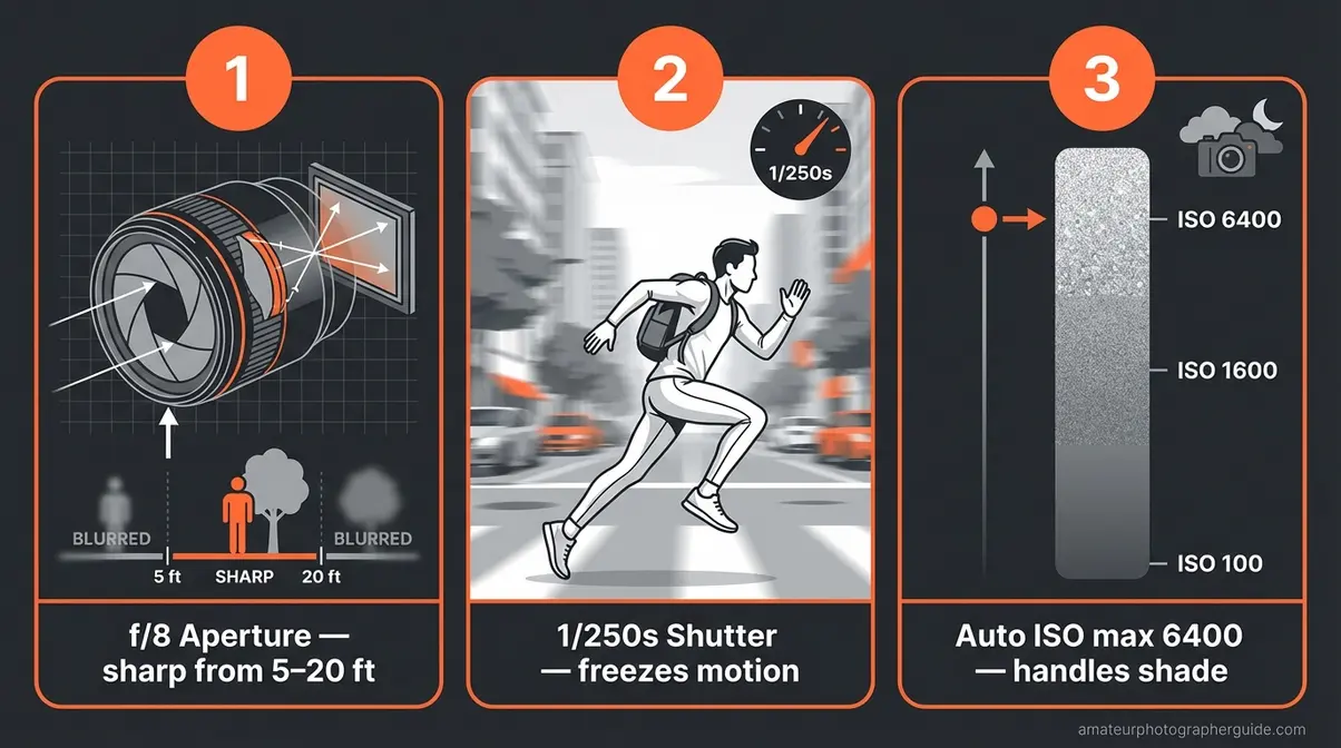 Three-panel illustration explaining f/8 aperture, 1/250s shutter speed, and Auto ISO 6400 street photography settings for beginners