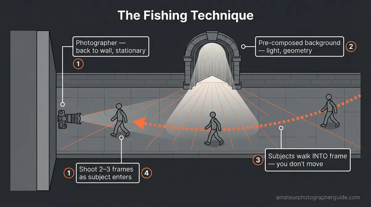 Top-down diagram illustrating the fishing technique in street photography showing photographer position, background, and subject entry path