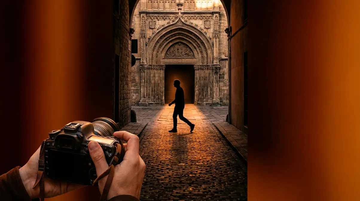 Photographer's point-of-view showing pedestrian walking into a pre-composed doorway frame using the fishing technique