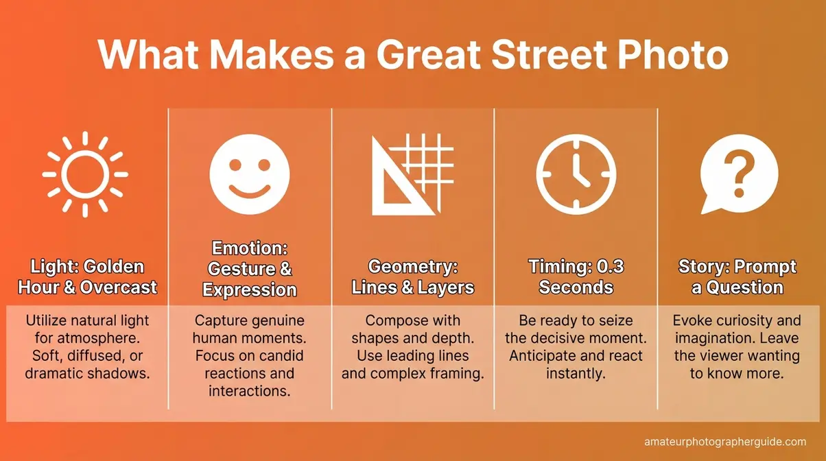 Street photography composition checklist infographic showing five key elements: light, emotion, geometry, timing, and story for beginners