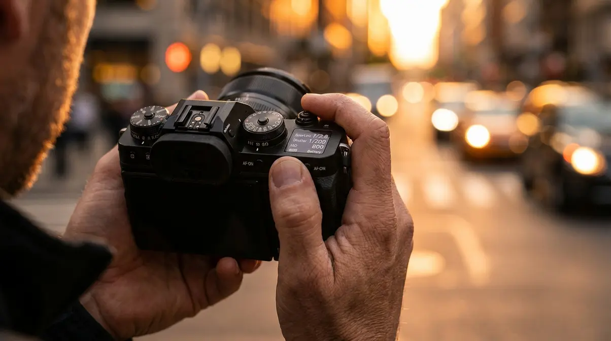 Photographer's hands holding mirrorless camera showing aperture and shutter speed controls for street photography settings