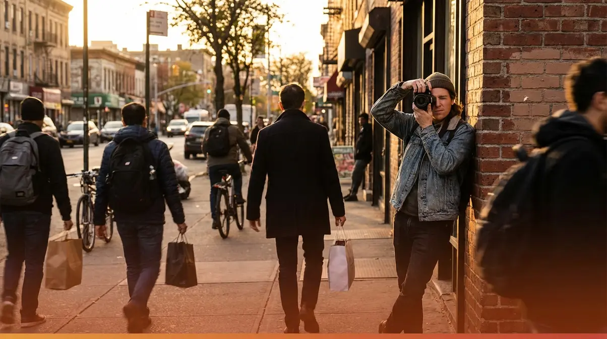 Street photographer standing confidently against wall using fishing technique as pedestrians walk past at golden hour