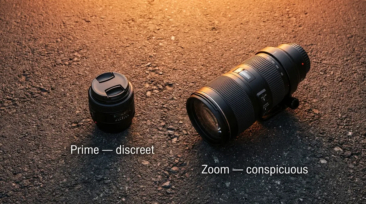 Side-by-side comparison of compact 35mm prime lens versus large zoom lens showing size difference for street photography beginners