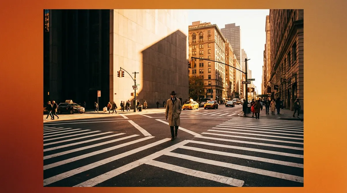 Street photography composition showing pedestrian crossing leading lines converging toward a single subject at golden hour