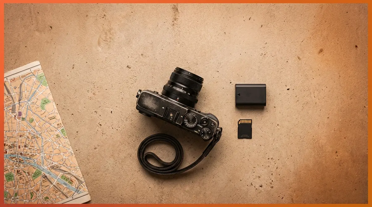 Essential street photography gear flat-lay showing compact mirrorless camera, 35mm prime lens, spare battery, and memory card