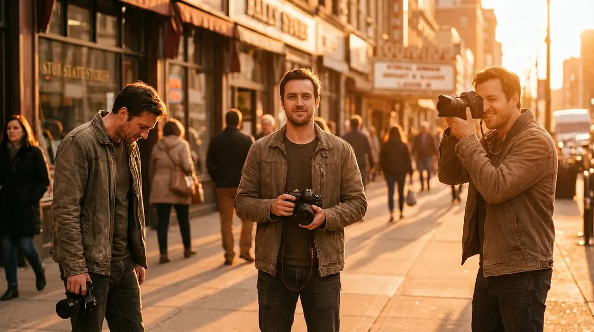 Three-stage visual showing street photographer progressing from hesitant to confident camera position on busy city pavement