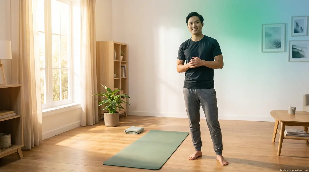 Person preparing for at-home bodyweight strength training exercises for beginners with no equipment needed