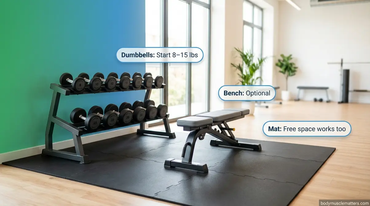 Beginner gym equipment setup showing dumbbells and bench for first strength training sessions