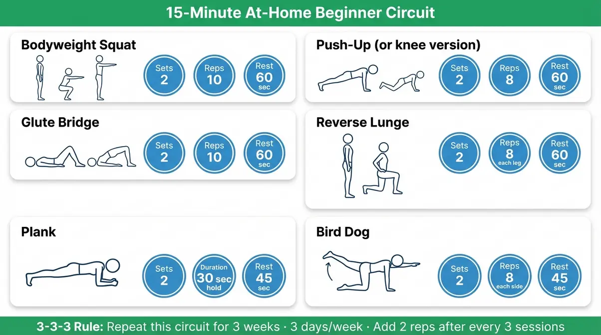 Visual chart of the 15-minute beginner at-home strength training circuit showing exercises, sets, reps, and rest times