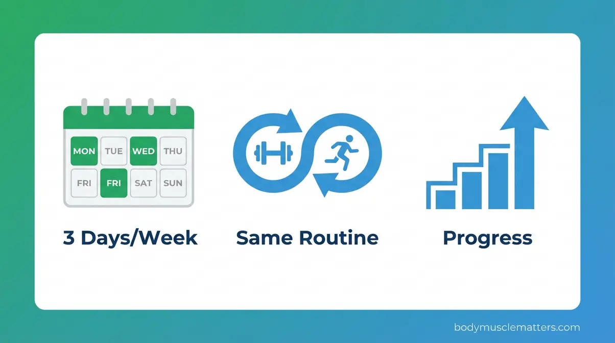 Illustration of how a beginner should structure strength training: three days per week with consistent routine and progressive overload