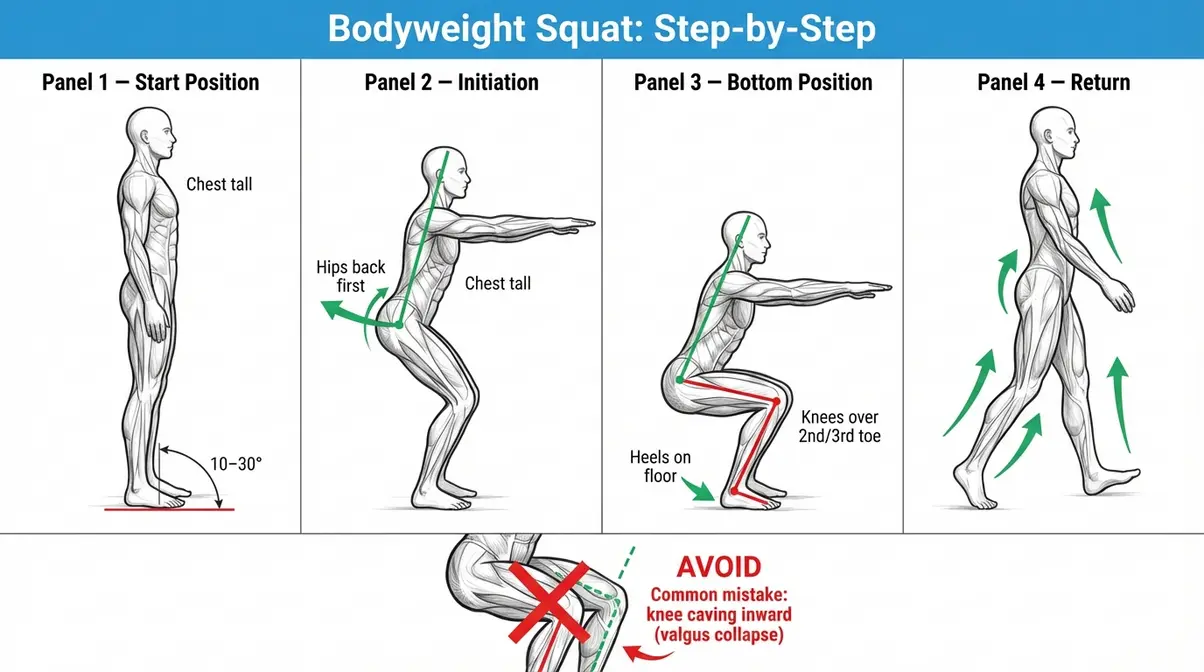Step-by-step diagram of proper bodyweight squat form for beginners showing foot position, knee tracking, and squat depth