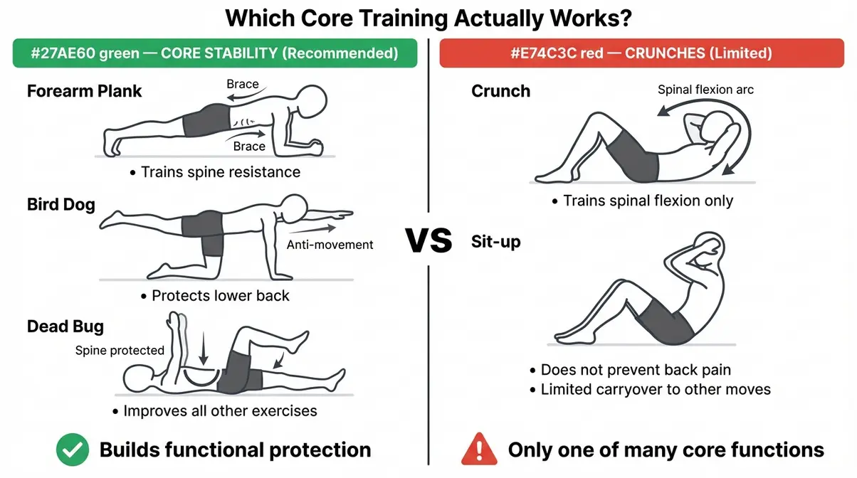 Comparison diagram of core stability exercises versus crunches for beginner strength training and lower back health