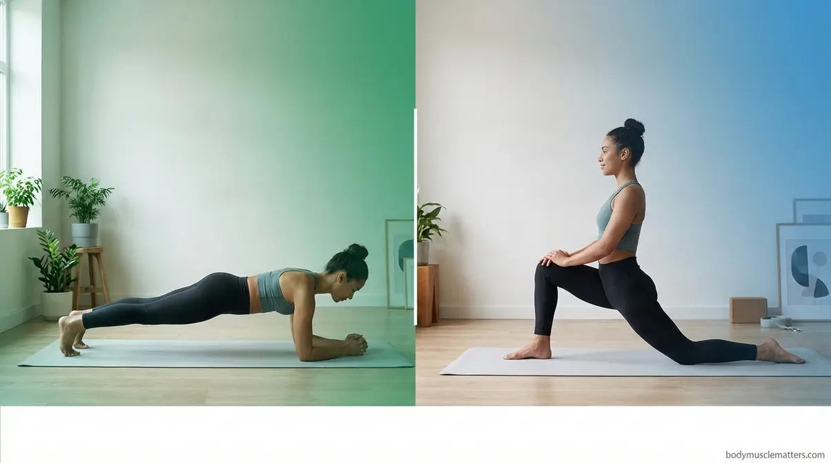 Beginner performing a forearm plank for core strength and a hip flexor stretch for flexibility in strength training