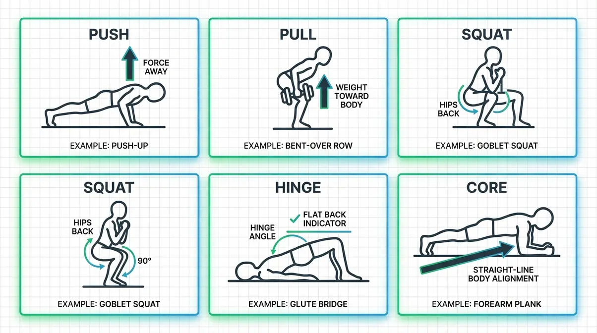 Diagram showing the five foundational strength training movement patterns for beginners: push, pull, squat, hinge, and core