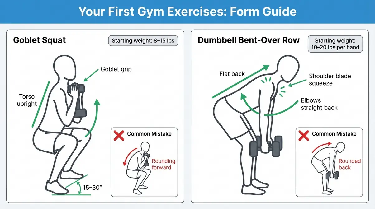 Form diagram showing correct dumbbell goblet squat and bent-over row technique for beginner gym-based strength training