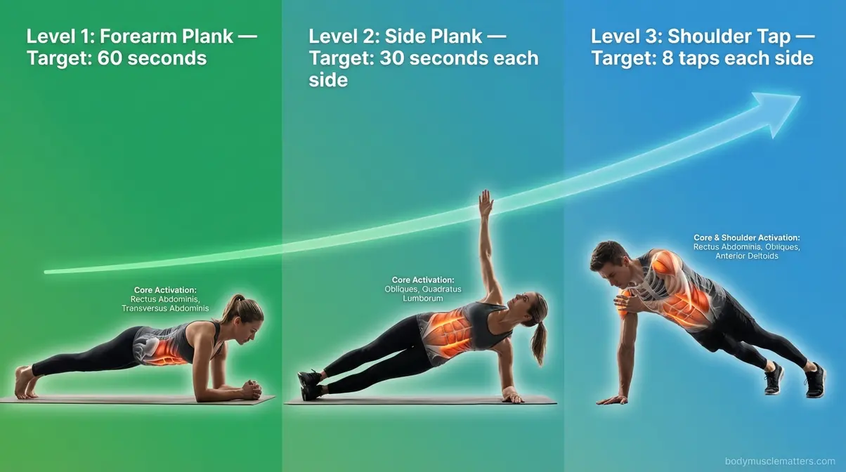 Three progressive plank variations for beginner core strength: forearm plank, side plank, and high plank shoulder tap