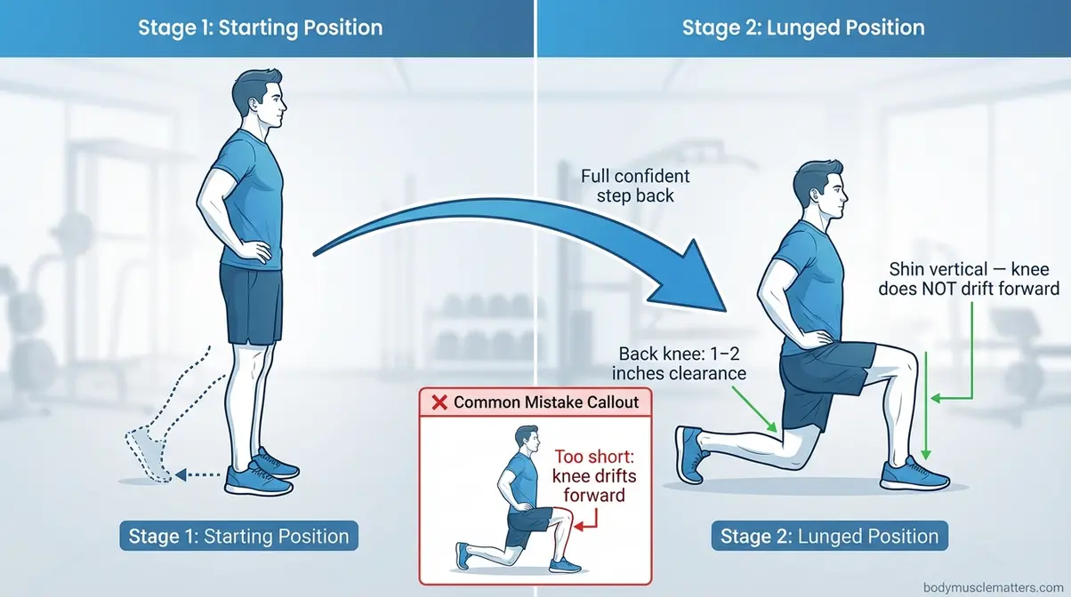 Reverse lunge form guide for beginners showing proper backward step, front shin angle, and back knee position