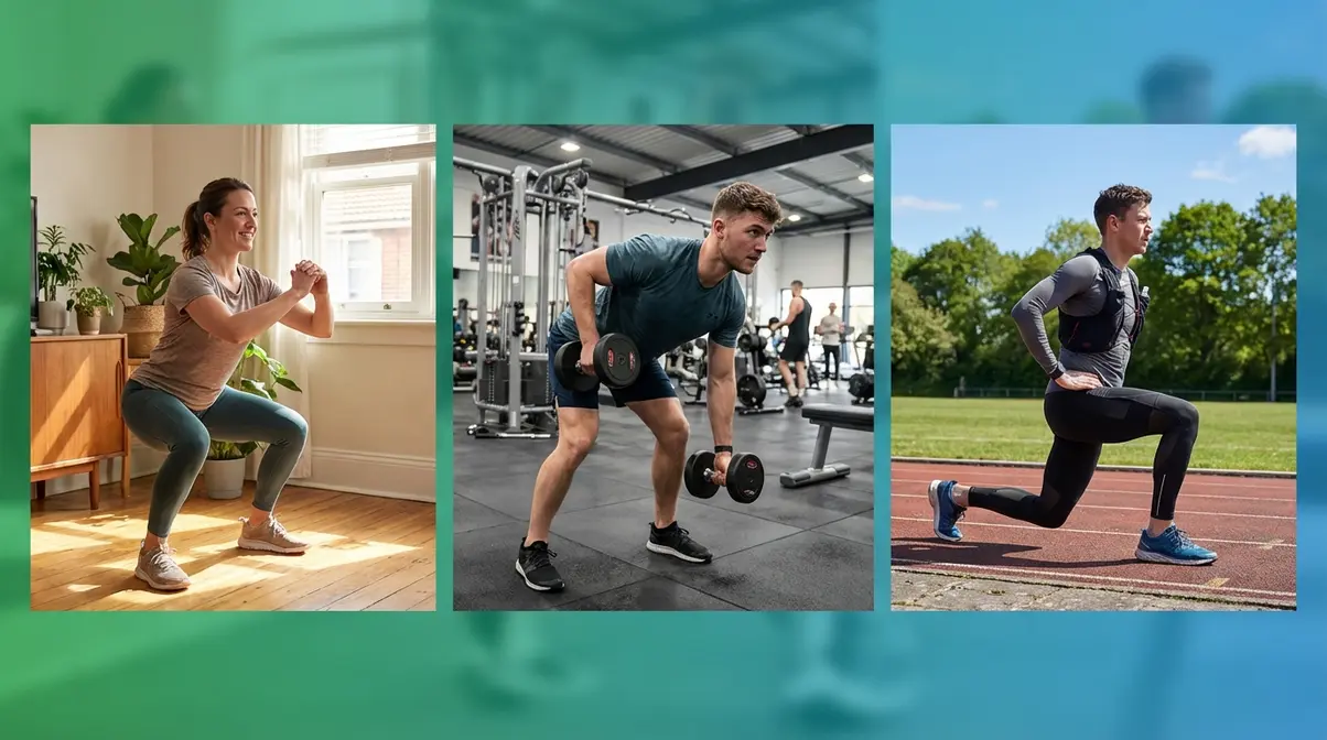 Three beginner strength training tracks shown for women, men, and runners with exercises tailored to each demographic