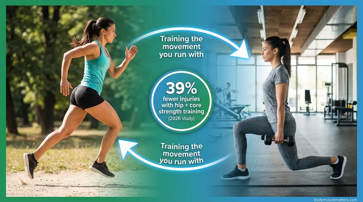 Runner performing strength training exercises including reverse lunge to prevent running injuries and improve performance