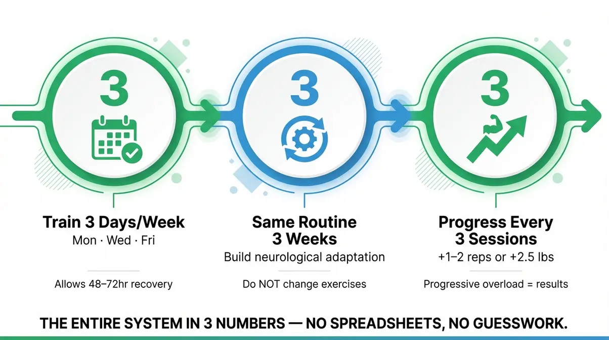 Infographic of the 3-3-3 Progression Framework showing train 3 days per week, same routine 3 weeks, progress every 3 sessions