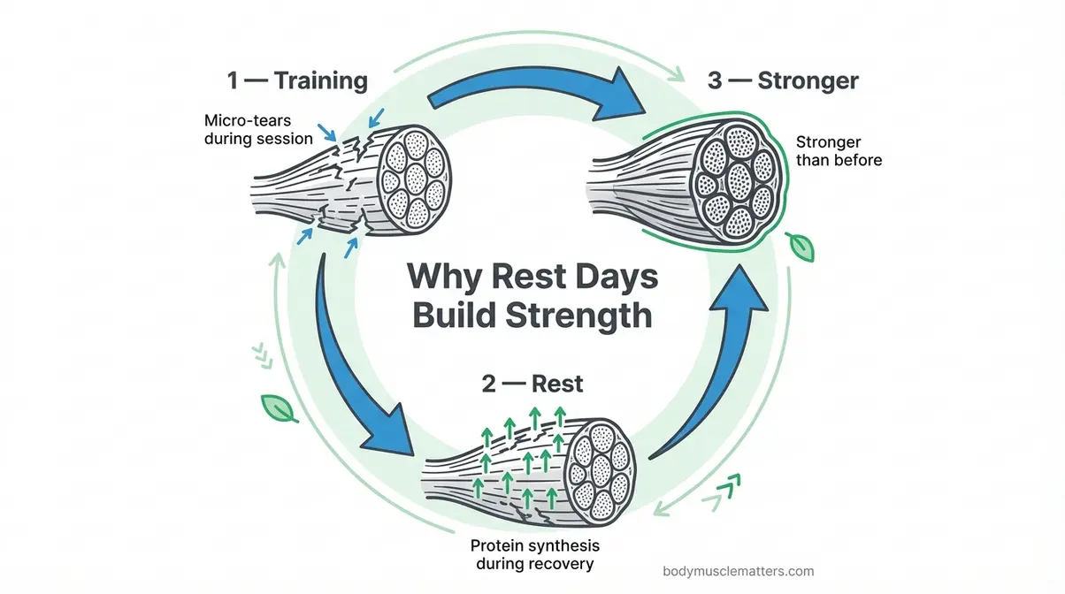 Diagram showing the muscle repair and protein synthesis cycle that makes strength training exercises effective for beginners