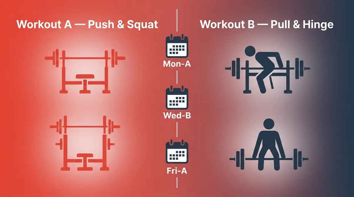 Beginner gym A/B split workout plan showing push squat and pull hinge training days