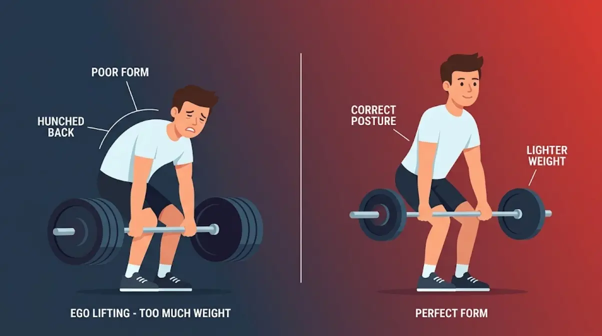 Common beginner strength training mistakes comparison showing poor form versus correct technique