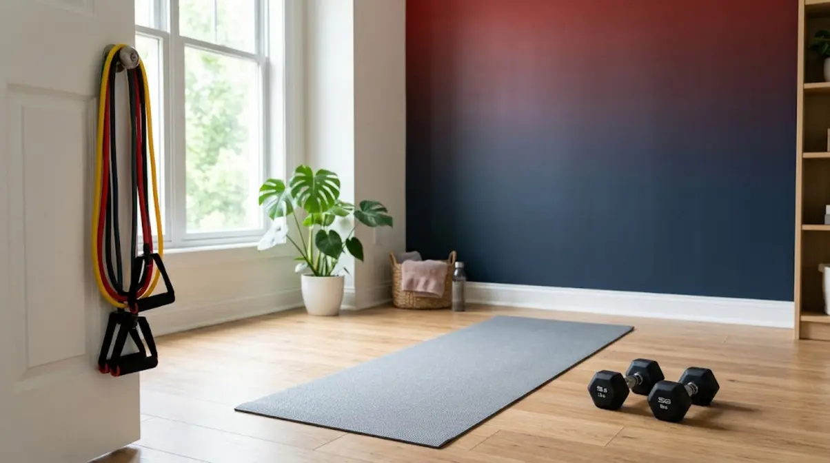 Beginner strength training at home setup with resistance bands, dumbbells, and yoga mat