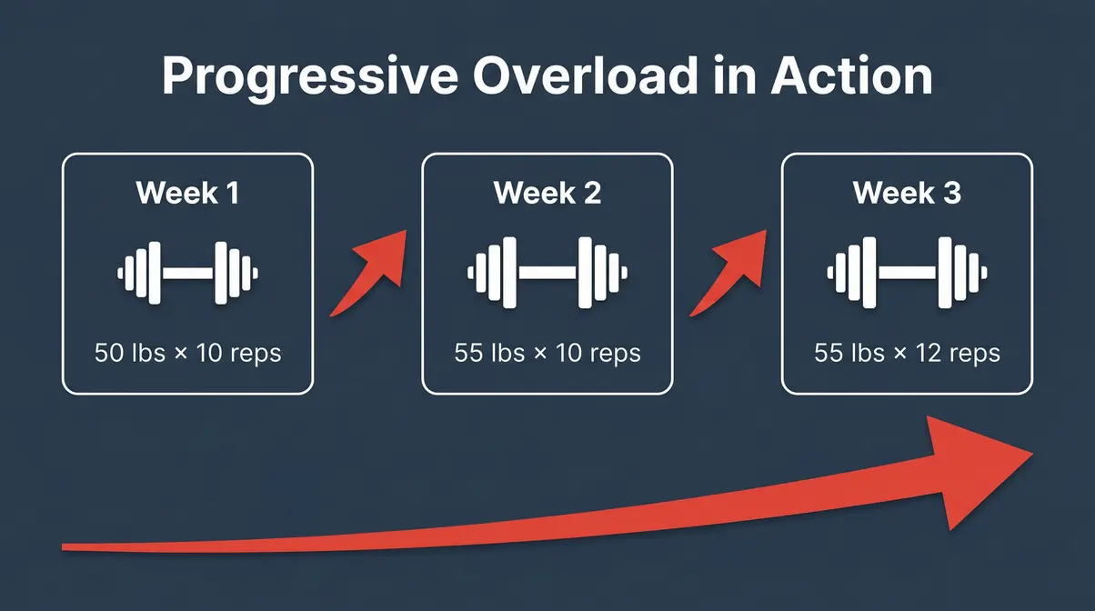 Beginner strength training progressive overload chart showing weekly weight and rep increases