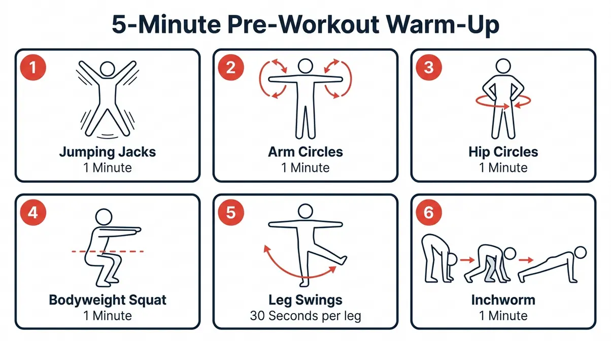 Beginner strength training warm-up routine diagram showing six exercises with proper positions