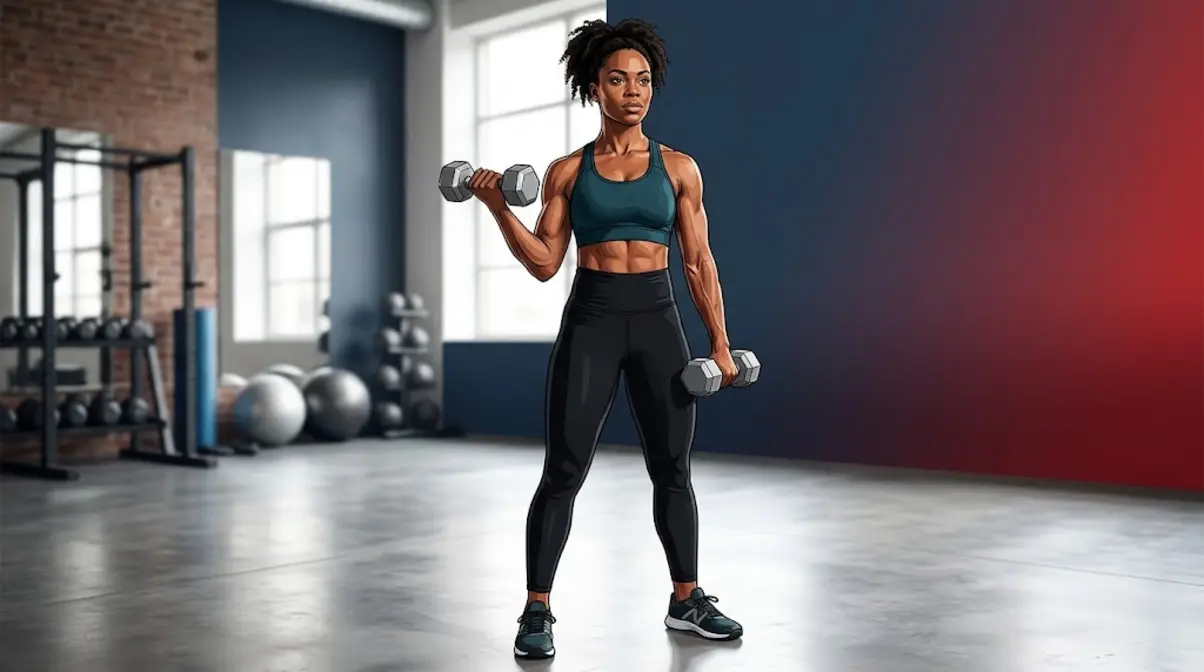 Woman performing beginner strength training dumbbell exercise in a gym setting