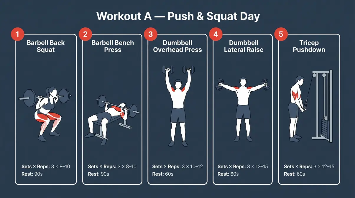 Beginner gym workout A push squat day exercises with muscle groups highlighted for each movement