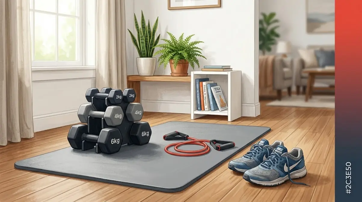 Beginner home gym setup with dumbbells and resistance bands for full-body strength training fat loss workout