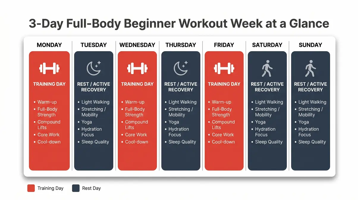 Weekly workout schedule for strength training fat loss beginners showing three training days and four rest days