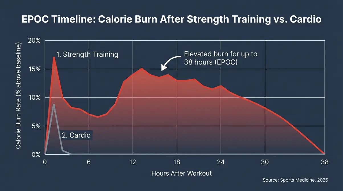 Diagram comparing EPOC afterburn calorie burn window for strength training versus cardio over 38 hours