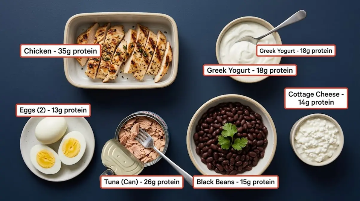 High-protein fat loss meal prep foods for beginner strength training nutrition including chicken eggs and Greek yogurt
