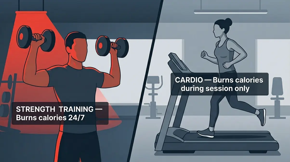 Comparison illustration of strength training versus cardio for fat loss showing metabolic differences